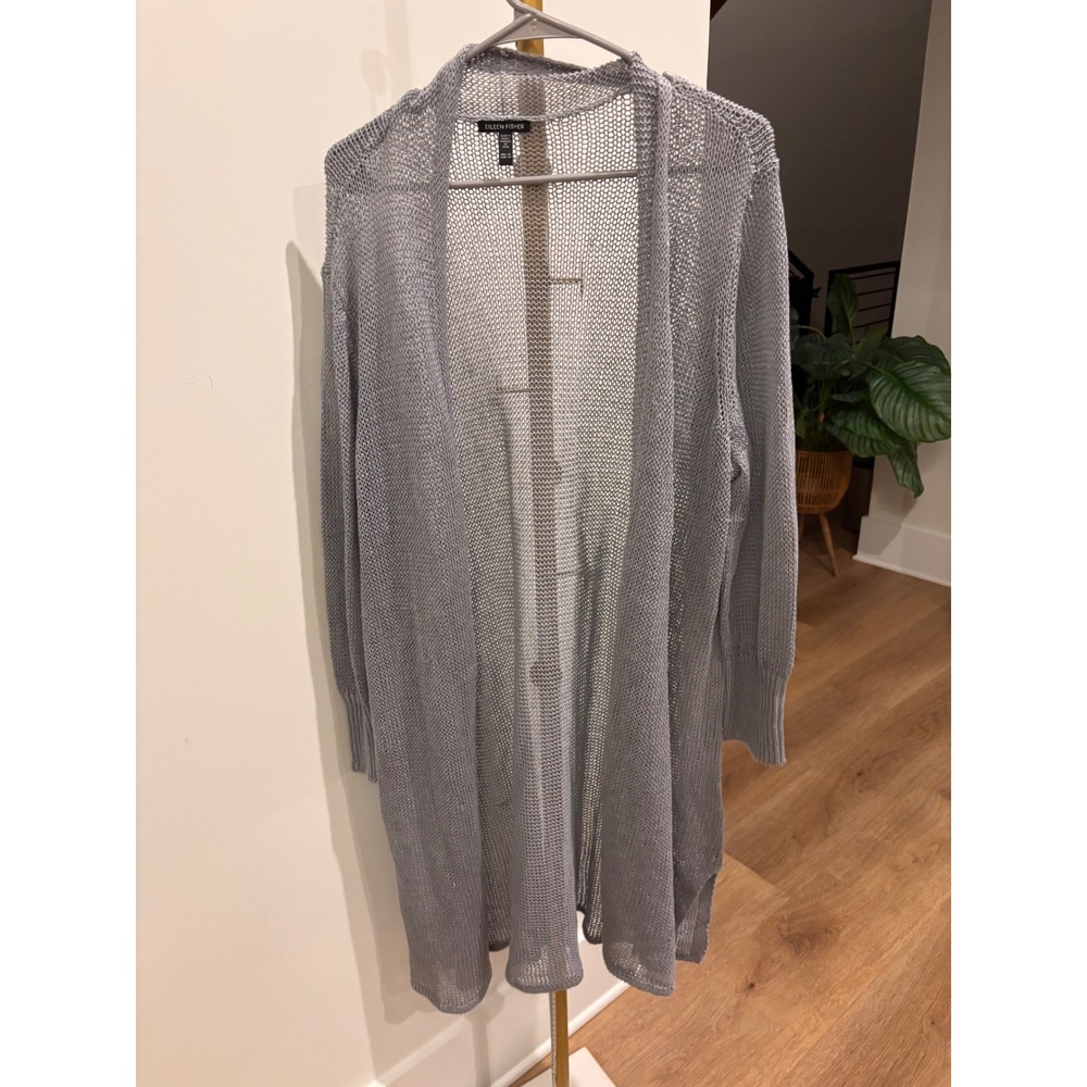 Eileen Fisher Womens 1X Open Front Cardigan Grey Open Knit Duster Sweater